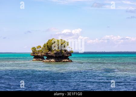 Eine kleine, felsige Insel, die von üppiger grüner Vegetation bedeckt ist, erhebt sich aus dem türkisfarbenen Wasser des Ozeans. Die Insel hat einen natürlichen Bogengang, der in ihr eingemeißelt wurde Stockfoto