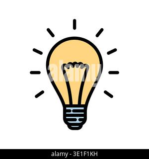 Brennende Glühlampe umgeben von Lichtstrahlen. Flammenenergie in einer Glühbirne. Idee, Bildung, Wissenskonzept. Kritzelstil-Vektor Stock Vektor