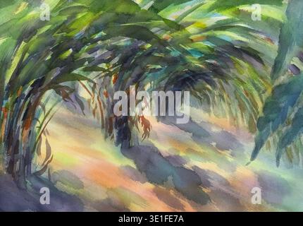 Kardamomgarten in Kerala abstrakter Aquarellhintergrund Stockfoto