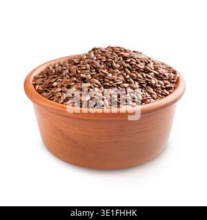 Leinsamen in Keramikschale isoliert auf weiß Stockfoto