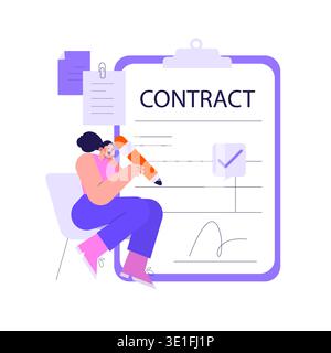 Eine Frau, die einen großen Stift hält, unterschreibt einen Vertrag auf einem Klemmbrett, der Übereinstimmung und Engagement symbolisiert. Diese Vektorillustration unterstreicht den Abschluss eines Geschäfts. Stock Vektor