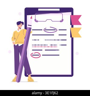 Vektorillustration, die eine Person zeigt, die selbstbewusst neben einer Zwischenablage mit einem riesigen Bleistift steht. Die Zwischenablage enthält hervorgehobenen und eingekreisten Text, der Analyse und Kreativität entspricht. Stock Vektor