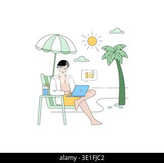 Person, die am Strand unter einem Sonnenschirm mit Palmen und Sonne an einem Laptop arbeitet. Vektor-Illustration, die Arbeit, Entspannung und Freizeit an einem Strand zeigt. Stock Vektor