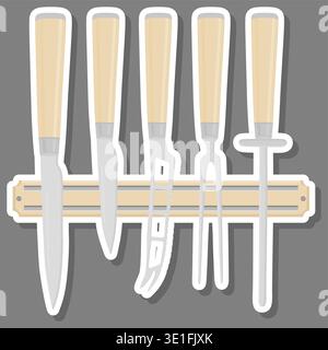 Illustration zum Thema großes farbiges Set verschiedene Arten Messer unterschiedliche Größe für Metzger, Kit-Messermuster bestehend aus Sammlungszubehör für die Metzgerei Stock Vektor