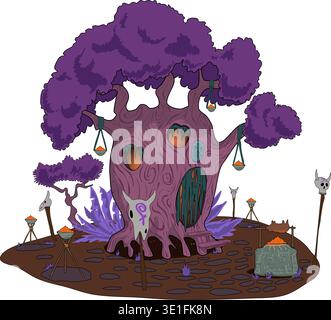 Ein lila schamanischer Zeichentrickbaum, in dem man leben kann. Der Baum hat Fenster, Türen und Stufen. Vektor-Illustration Baubaum Baobab für Zeichentrickspiele Stock Vektor