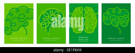 Bewusstsein für psychische Gesundheit Tag und Monat. Symbol für minimales Gehirn auf Hintergrund und Bannersatz markieren. Stock Vektor