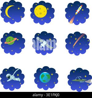 Symbole oder Aufkleber in runden Rahmen. Transparenter Hintergrund. Vektor-Illustration des Mondes mit Kratern und dem Mond dünn. Eine Rakete gegen Stock Vektor