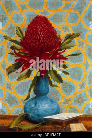 Dieses eindrucksvolle Stillleben-Gemälde mit dem Titel „Waratah“ von Lucien Henry aus der Zeit um 1887 zeigt eine leuchtend rote waratah-Blume in einer blauen Vase vor einem aufwendig gemusterten Hintergrund. Das Kunstwerk zeigt Henrys akribische Liebe zum Detail und seine Wertschätzung für die australische Flora, die in einem realistischen Stil mit symbolischen Ornamenten dargestellt wird. Stockfoto
