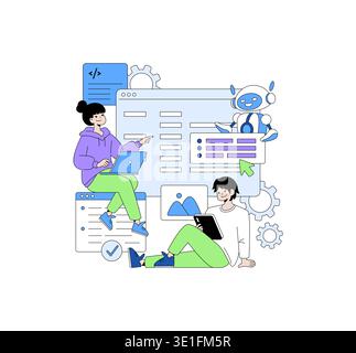 Vektorillustration von zwei Personen, die mit einem KI-Roboter an Programmieraufgaben zusammenarbeiten. Sie interagieren mit digitalen Schnittstellen und deuten auf Teamarbeit in einer technischen Umgebung hin. Stock Vektor