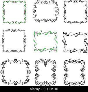 Elegantes Tonka-Rahmenset Mit Vintage-Blumendesign. Vektorillustration das Muster für die Rahmen wurde vom Autor erfunden und ist kein wiederholbares ori Stock Vektor