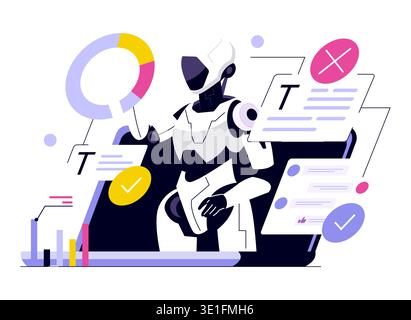 Futuristische Vektorillustration, die einen KI-Roboter darstellt, der in der Datenanalyse eingesetzt wird. Der Roboter interagiert mit digitalen Diagrammen und Diagrammen und hebt Technologie- und Automatisierungsthemen hervor. Stock Vektor