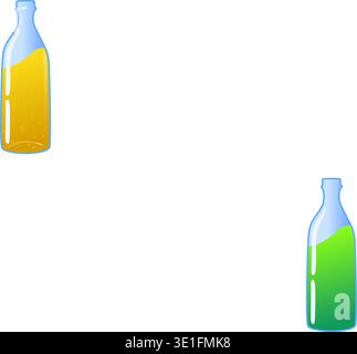 Ein Set aus Glasflaschen mit einer gelben Flüssigkeit wie Limonade oder Bier. Vektor-Illustration Flaschen mit kohlensäurehaltigem Limonade Bier oder Säure. Verschiedene Etiketten f Stock Vektor