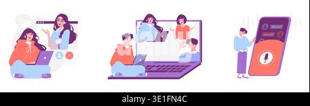 Vektorabbildung mit virtuellen Meetings und Chat-Interaktionen. Menschen, die Laptops und Smartphones für Videokonferenzen und Messaging nutzen, stellen moderne Kommunikationsmethoden vor. Stock Vektor