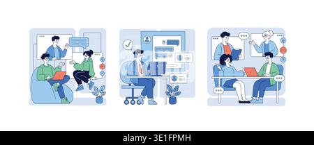 Vektorabbildung von drei Szenen, die die Zusammenarbeit virtueller Teams darstellen. Die Mitarbeiter führen Videoanrufe, Chat-Diskussionen und Online-Meetings durch und zeigen so die Dynamik der Teamarbeit aus der Ferne. Stock Vektor