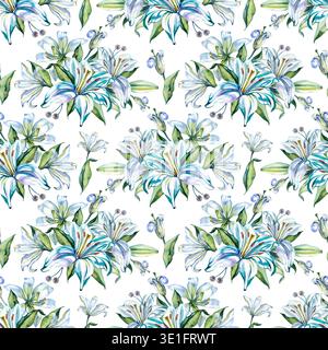 Elegantes handgezeichnetes nahtloses Aquarellmuster mit weißen und blauen Liliensträußen mit grünen Blättern. Diese botanische florale Textur ist Stockfoto