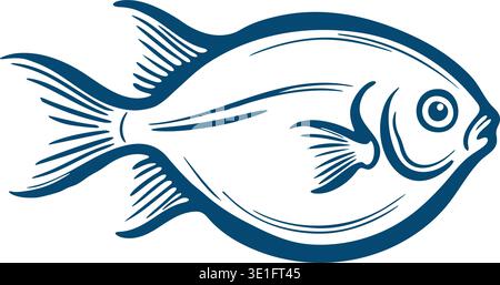 Detaillierte Liniendarstellung eines runden Fisches in Seitenansicht mit fließenden Flossen und einem großen Auge. Stock Vektor