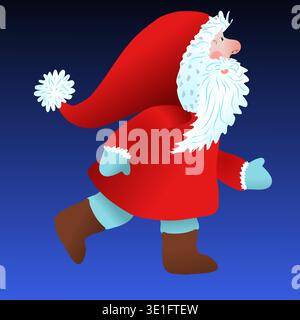 Der Weihnachtsmann läuft in einer roten Daunenjacke mit Schneeflocken. Neujahr- und Weihnachtsbilder Hintergründe Aufkleber für Karten und Dekorationen. Vektoril Stock Vektor