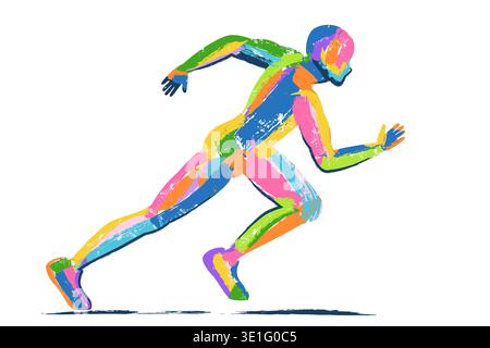 Mehrfarbige Silhouette des schnell laufenden Mannes. Aquarellillustration für männliche Athleten-Sprinter. Stadtmarathon, Outdoor-Sport und gesunder Lebensstil Stock Vektor