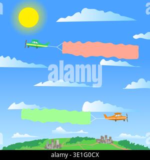 Orangefarbene und grüne Flugzeuge mit Bannern, die in verschiedene Himmelsrichtungen fliegen. Unten sehen Sie das Land der Stadt und die Straßen zwischen ihnen. Goo Stock Vektor