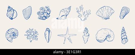 Blaue Muscheln und Seesterne zeichnen handgezeichnete Illustrationen, Küstenillustration. Minimalistische Strichkunst. Designelemente für den Sommerurlaub für trendige Prints. Vektorabbildung Stock Vektor