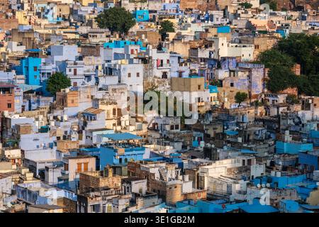Ein Blick aus der Höhe fängt die architektonischen Details traditioneller blauer Häuser und mehrstöckiger Häuser in der überfüllten Stadt Jodhpur ein. Stockfoto