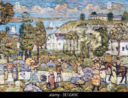 Dieses lebhafte Ölgemälde „Landschaft nahe Nahant“, das von Maurice Prendergast in den 1910er Jahren geschaffen wurde, zeigt eine lebhafte Küstenszene mit zahlreichen Figuren, die die Natur genießen. Das postimpressionistische Kunstwerk zeigt einen unverwechselbaren Stil mit fragmentierten Pinselstrichen und lebhaften Farben, die die lebhafte Atmosphäre einer Küstengemeinde einfangen. Stockfoto