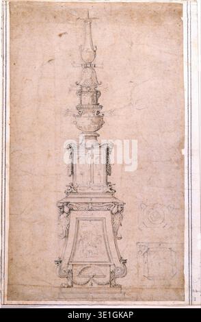 Diese Zeichnung aus dem 16. Jahrhundert von Michelangelo aus der Zeit um 1505 bis 1510 zeigt ein kompliziertes Design für einen raffinierten Kandelaber. Das Kunstwerk zeigt das detaillierte Geschick des Renaissance-Meisters in der architektonischen und dekorativen Rendering mit kunstvollen klassischen Motiven und skulpturalen Elementen auf unterschiedlichen Ebenen. Stockfoto