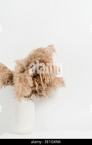 Weiße Vase mit trockenen Blumen über weißer Wand mit Kopierraum Stockfoto