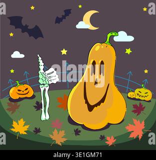 Eine fröhliche Halloween-Szene mit einem lächelnden Kürbis, einem freundlichen Skelett und vielen gruseligen Fledermäusen am Nachthimmel Stockfoto