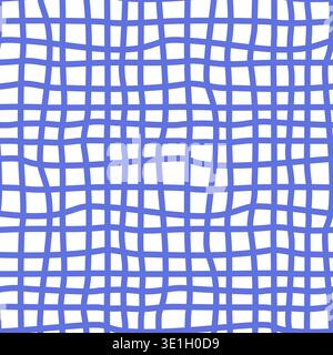Kariertes Gittermuster mit ungleichmäßiger Wellenlinie auf nahtlosem blauem Mesh-Hintergrund. Naive unregelmäßige Wellen und Gitter bilden ein nahtloses Muster in Navy. Sommer c Stock Vektor