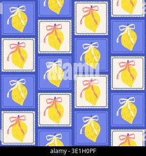 Zitronen- und Schleifenmotiv im Briefmarkenmuster für italienischen Sommerdruck. Gemischter Blau- und Cremestempel mit Zitronenfrucht und Band in nahtlosem Muster. Koq Stock Vektor