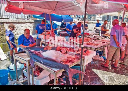 CATANIA, ITALIEN - 14. AUGUST 2024: Anbieter des Catania Fischmarktes, lokal bekannt als La Pescheria in Catania, Sizilien, Italien. Stockfoto