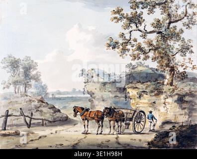Dieses Aquarell aus dem 18. Jahrhundert von Paul Sandby aus den 1760er Jahren zeigt eine rustikale Szene mit einem Pferdewagen an einem Sandkasten. Ein Mann in Blau und weiß steht neben dem Wagen, möglicherweise ein Arbeiter, während eine große Eiche die rechte Seite der Komposition umrahmt und Sandbys meisterhafte Landschaftstechniken hervorhebt. Stockfoto