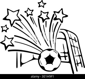 Fußballtorsymbol mit fliegendem Ball und Sternen. Football Gate Celebration for Win and Score Moment. Hand Gezeichneter Doodle Vektor. Stock Vektor