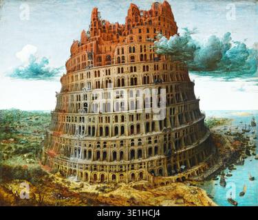Dieses große Ölgemälde von Pieter Bruegel dem Älteren, wahrscheinlich aus den 1560er Jahren, zeigt die ikonische biblische Erzählung des „Turms von Babel“. Die kolossale, spiralförmige Struktur dominiert die Landschaft und zeigt akribische architektonische Details und die zahlreichen Arbeiter, die an dem Bau beteiligt sind, vor einem geschäftigen Hafen und einer weitläufigen Landschaft. Stockfoto