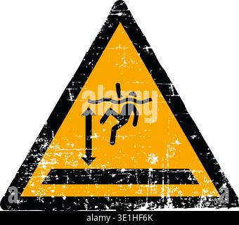 Vektorillustration eines Gefahrenzeichens für Tiefwasser mit einer Grunge-Textur. Verschlissenes, verkratztes gelbes Dreieckssymbol, das eine Person zeigt, die in tiefem Wasser schwimmt, isoliert auf weißem Hintergrund. Erfüllt internationale Sicherheitsschilder-Normen, einschließlich ISO 7010 W047 ANSI Z535 OSHA und DIN 4844. Gefährdetes industrielles Gefahrenemblem für die Sicherheit auf See. Stock Vektor