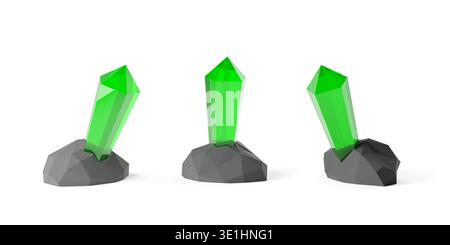 Serie von grünem Edelstein oder Kristall auf grauer Steinbasis auf weißem Hintergrund, 3D-Illustration Stockfoto