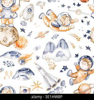 Astronaut Seamless Pattern Aquarell Handgemalt Stockfoto