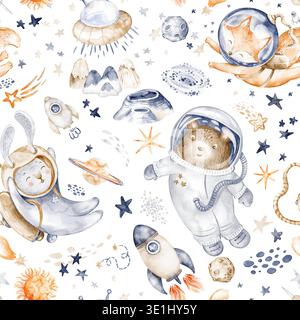 Kosmische Tiere Nahtlose Aquarelle Handgemalte Muster Stockfoto