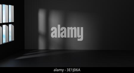 Dunkles, leeres Zimmer mit schwarzen Wänden und schwarzem Boden mit weicher Fensterbeleuchtung und Schatten. Minimalistischer Luxus-Studio-Hintergrund für Premium-Produkte Stockfoto