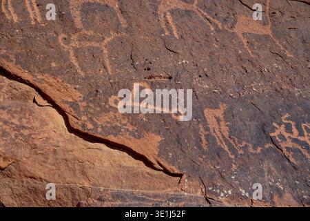 Antike Petroglyphenschnitzereien mit Tieren und abstrakten Formen, die in die verwitterte Felsoberfläche der Wüste eingeätzt sind Stockfoto