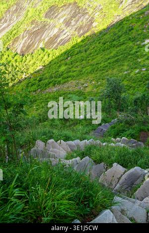 Steintreppen, die durch die grüne Vegetation am Hügel hinabsteigen, in Richtung felsiger Berghänge in natürlicher Natur. Stockfoto