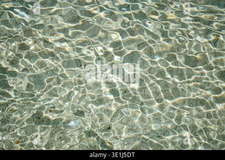 Klares, seichtes Meerwasser mit Sonnenlichtreflektionen, die Wellenmuster auf sandigen Meeresböden erzeugen Stockfoto