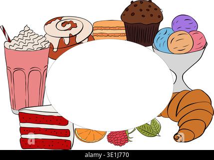 Dessert Frame Vorlage Oval Cafe Hand gezeichnete Illustration. Grafischer Vektortinte. Für Poster, Einladung, Hintergrund, Werbung, Verkaufsförderung, drucken für Stock Vektor