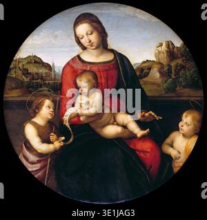 Dieses Meisterwerk der Renaissance, „Madonna Terranuova“, gemalt von Raphael um 1505, zeigt die Madonna, die das Christuskind hält, mit dem Säugling Johannes dem Täufer und einem weiteren heiligen Kind an ihren Seiten. Die kreisförmige Komposition, bekannt als Tondo, betont die zarten Wechselwirkungen und die ruhige, harmonische Atmosphäre der Szene, die sich vor einer fernen Landschaft befindet. Stockfoto