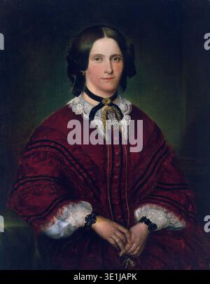 Dieses auffällige Ölgemälde von Richard Noble aus dem Jahr 1848 zeigt Mrs. John Thomas, anmutig in einem satten, dunkelroten Kleid mit komplizierten Spitzendetails. Das Porträt zeigt die populäre Mode und den präzisen künstlerischen Stil der Mitte des 19. Jahrhunderts und fängt die würdevolle Präsenz des Motivs ein. Stockfoto