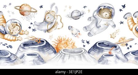 Space Animals Border Aquarell Handbemalt Stockfoto