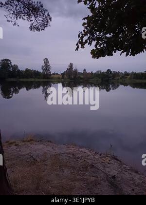 Dämmerung an einem Flussstrand mit Sand, trockenem Gras und verdrehten Kiefernwurzeln. Graue Wolken spiegeln sich im ruhigen Wasser. Bäume auf dem gegenüberliegenden Ufer werden auf t gespiegelt Stockfoto