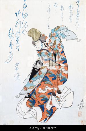 Dieser lebendige Ukiyo-e-Holzschnitt aus den 1820er Jahren, der von Shunkosai Hokuei geschaffen wurde, zeigt einen Kabuki-Schauspieler in einem aufwendigen, gemusterten Kostüm mit Kranichen und Kiefern. Die dynamische Pose und die reiche Kunstfertigkeit sind charakteristisch für die Ukiyo-e-Schule in Osaka, die sich oft auf theatralische Themen konzentriert. Stockfoto