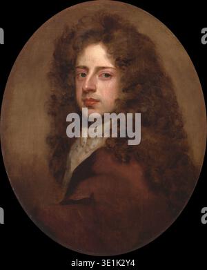 Dieses fesselnde Selbstporträt aus dem späten 17. Oder frühen 18. Jahrhundert, wahrscheinlich um die 1700er Jahre, zeigt Sir Godfrey Kneller. Der Meister des Malers, bekannt für seine produktive Porträtmalerei des britischen und europäischen Adels, blickt mit markanten blau-grünen Augen, umrahmt von einer voluminösen braunen Perücke, die typisch für diese Zeit ist. Stockfoto